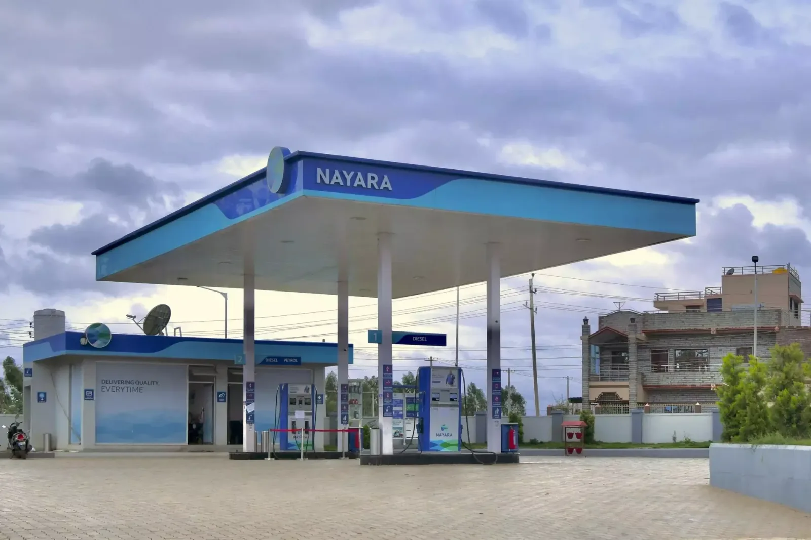 Nayara petrol pump entrance and price signage