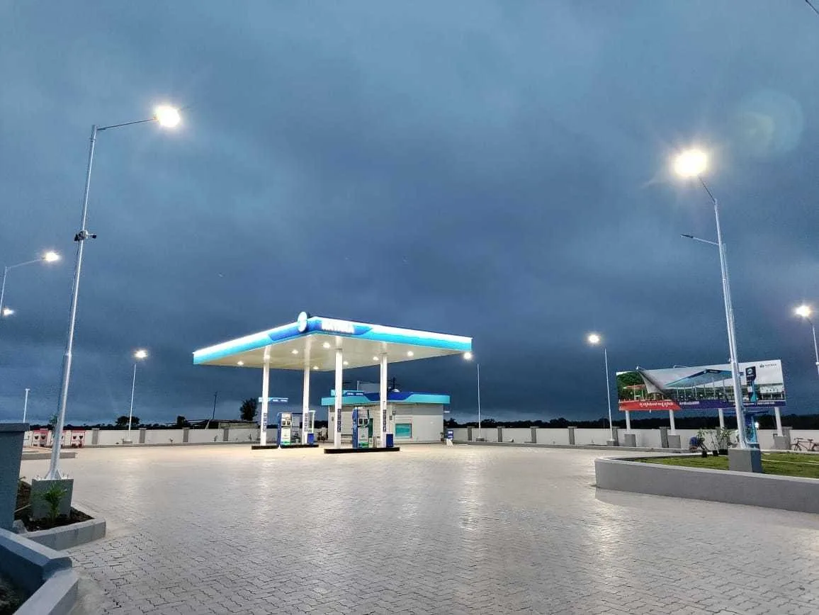 Nayara Energy fuel station lit up at night